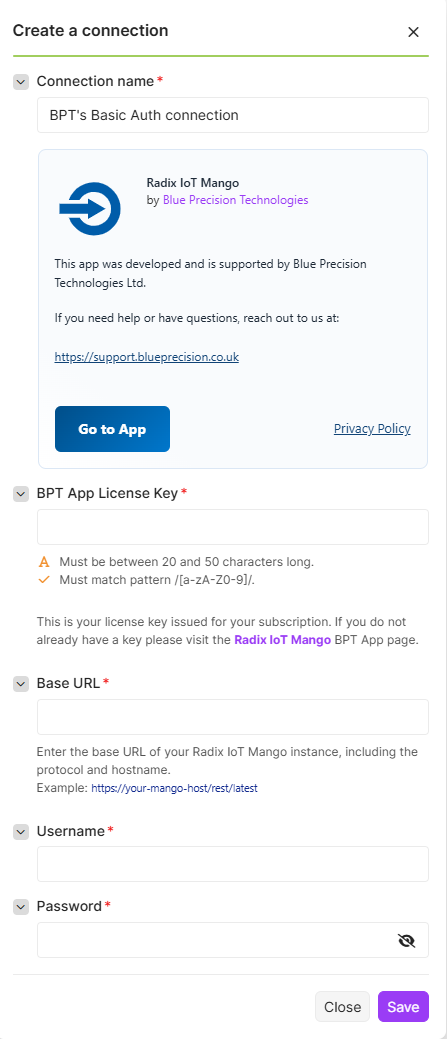 Radix IoT Mango connection window showing the license key, base URL and credentials