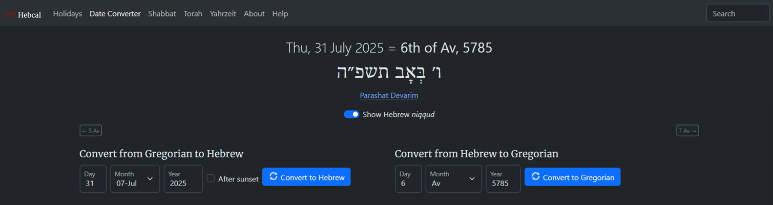 Date Conversion from Gregorian to Hebrew and vice versa
